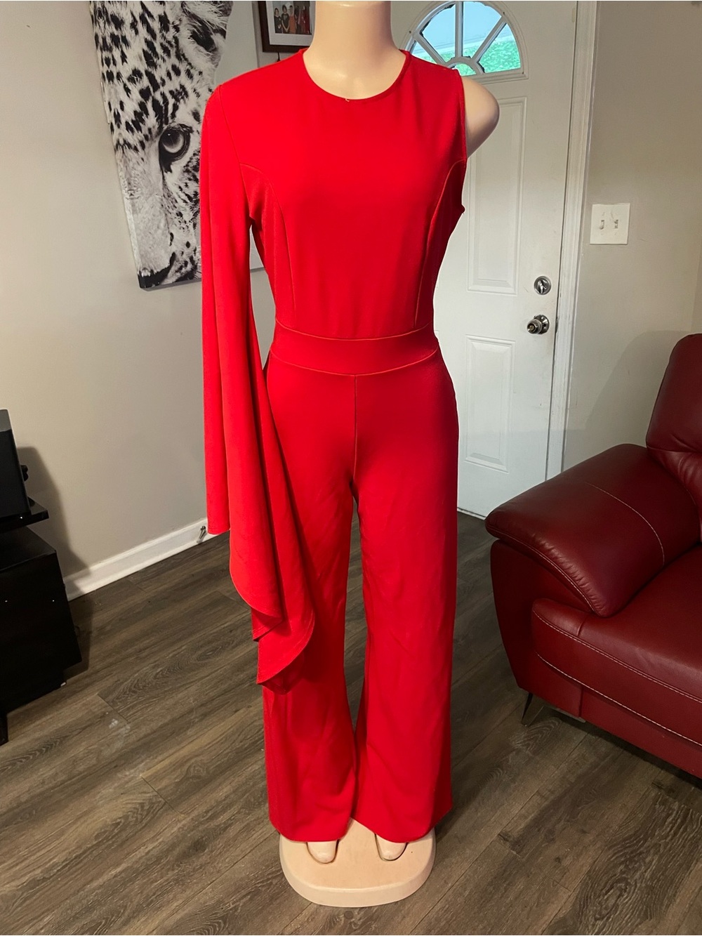 Goodtime Red One-Shoulder Bell sleeve Wide-Leg Jumpsuit Medium Red classy